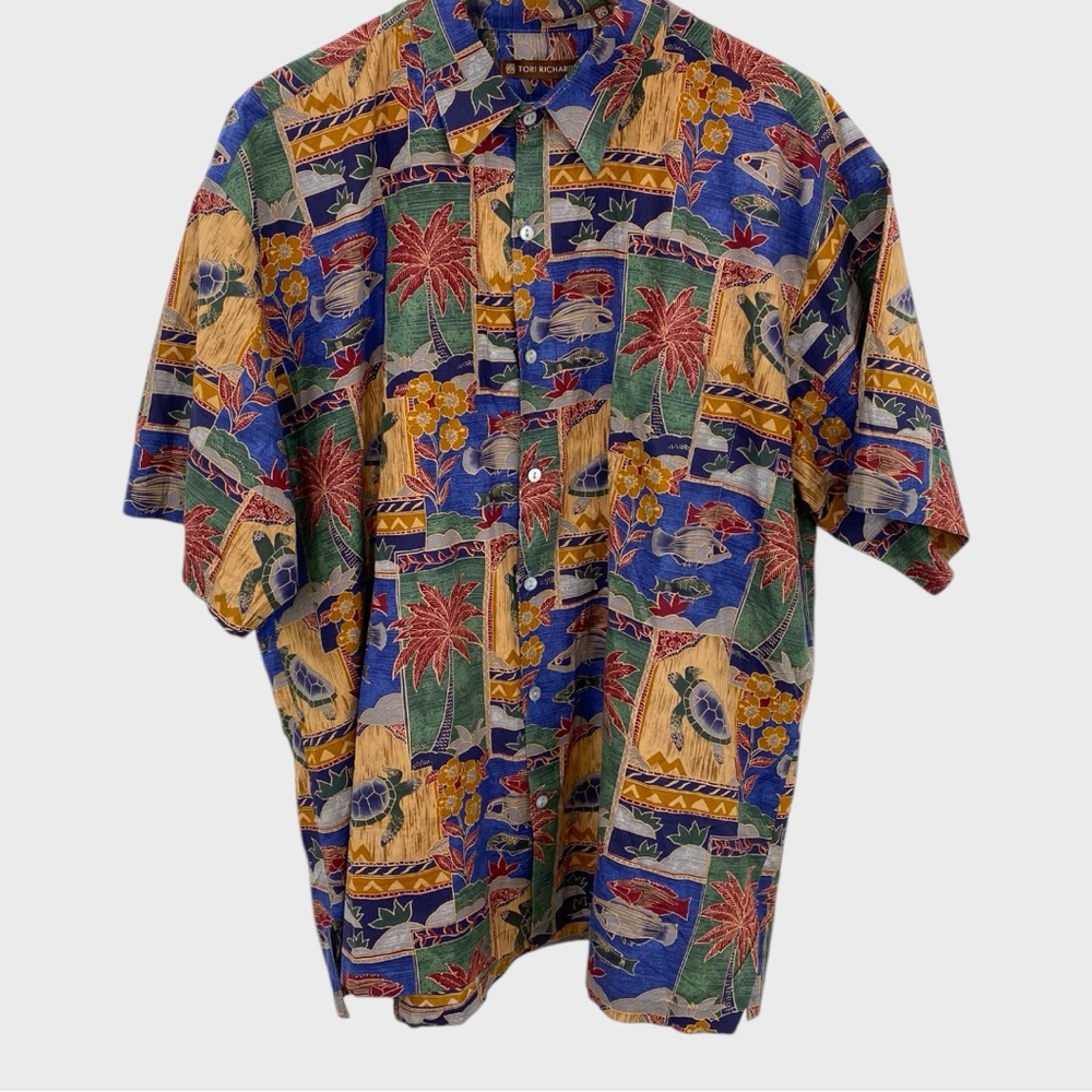 Tori Richard Multicolor Fish Turtle Floral Hawaiian Button Down Shirt Size XL